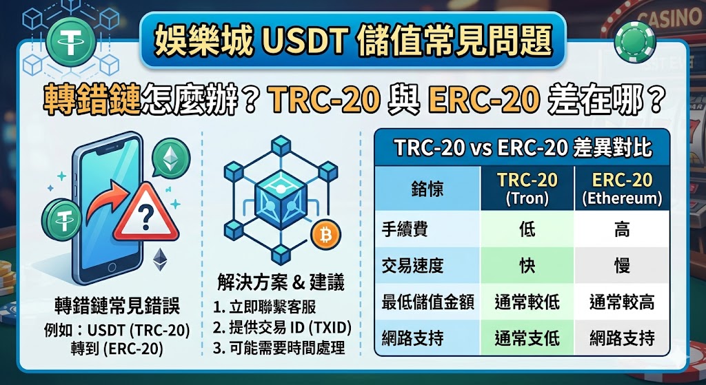 娛樂城USDT儲值常見問題：轉錯鏈怎麼辦？TRC-20與ERC-20差在哪？